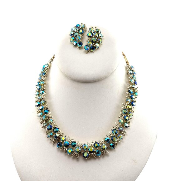 Vintage Aurora Borealis Rhinestone Necklace & Earrings Set Gold Tone Floral Clus - Picture 5 of 14